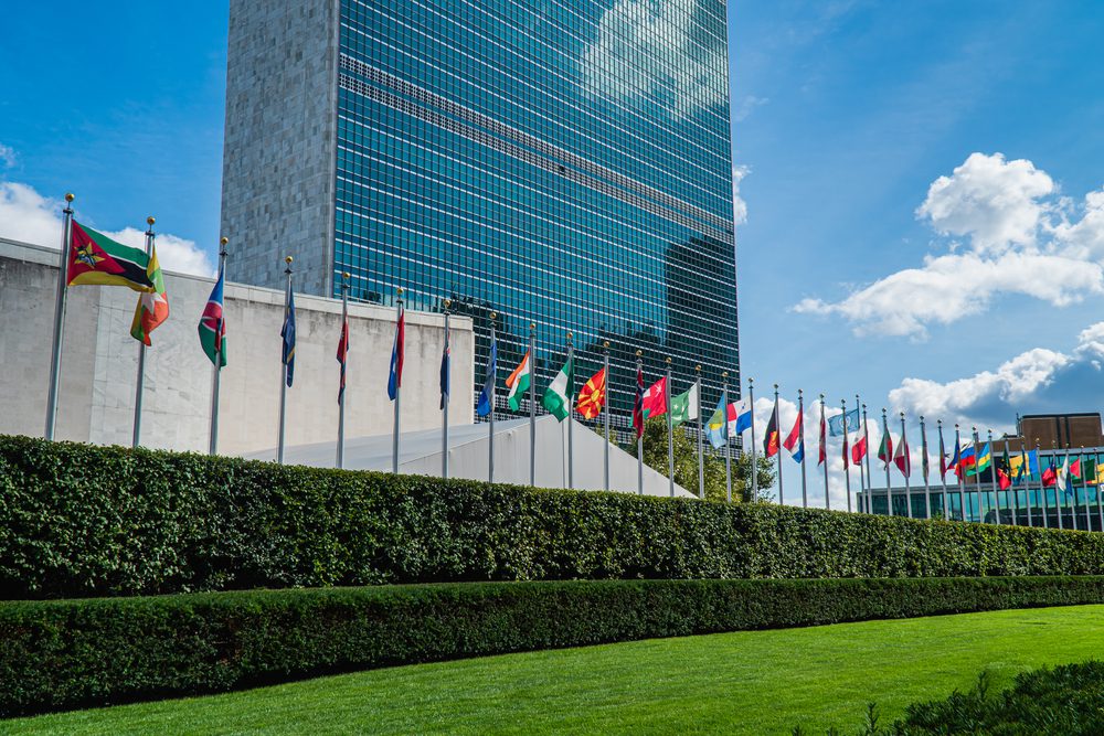 Flags in front of the UN Headquarters in New York