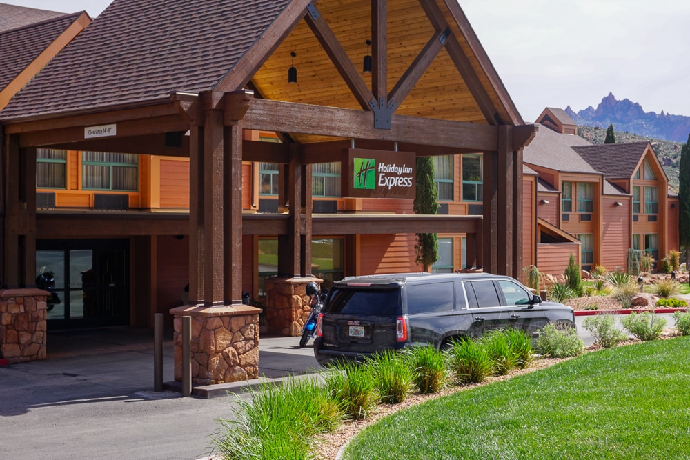 Timber Front of Holiday Inn Express Hotel in Springdale Utah near Zion National Park
