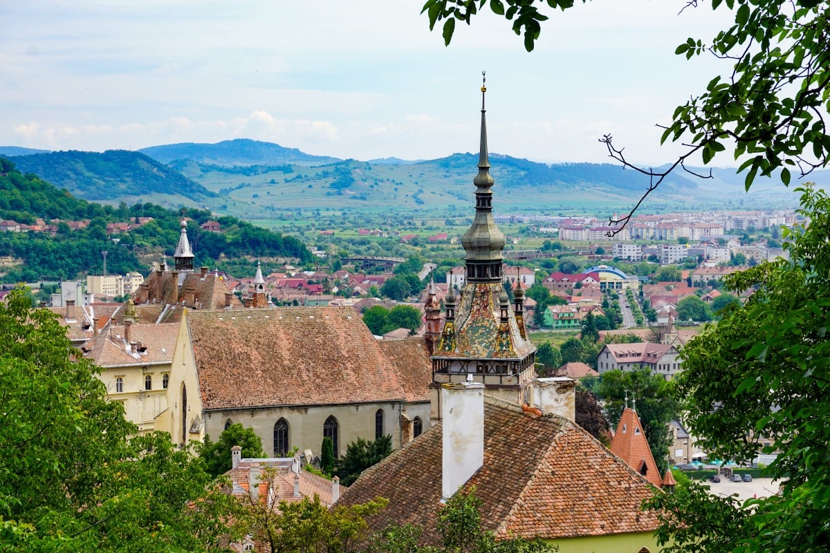Sighisoara romania birds eye over the town and Clock Tower