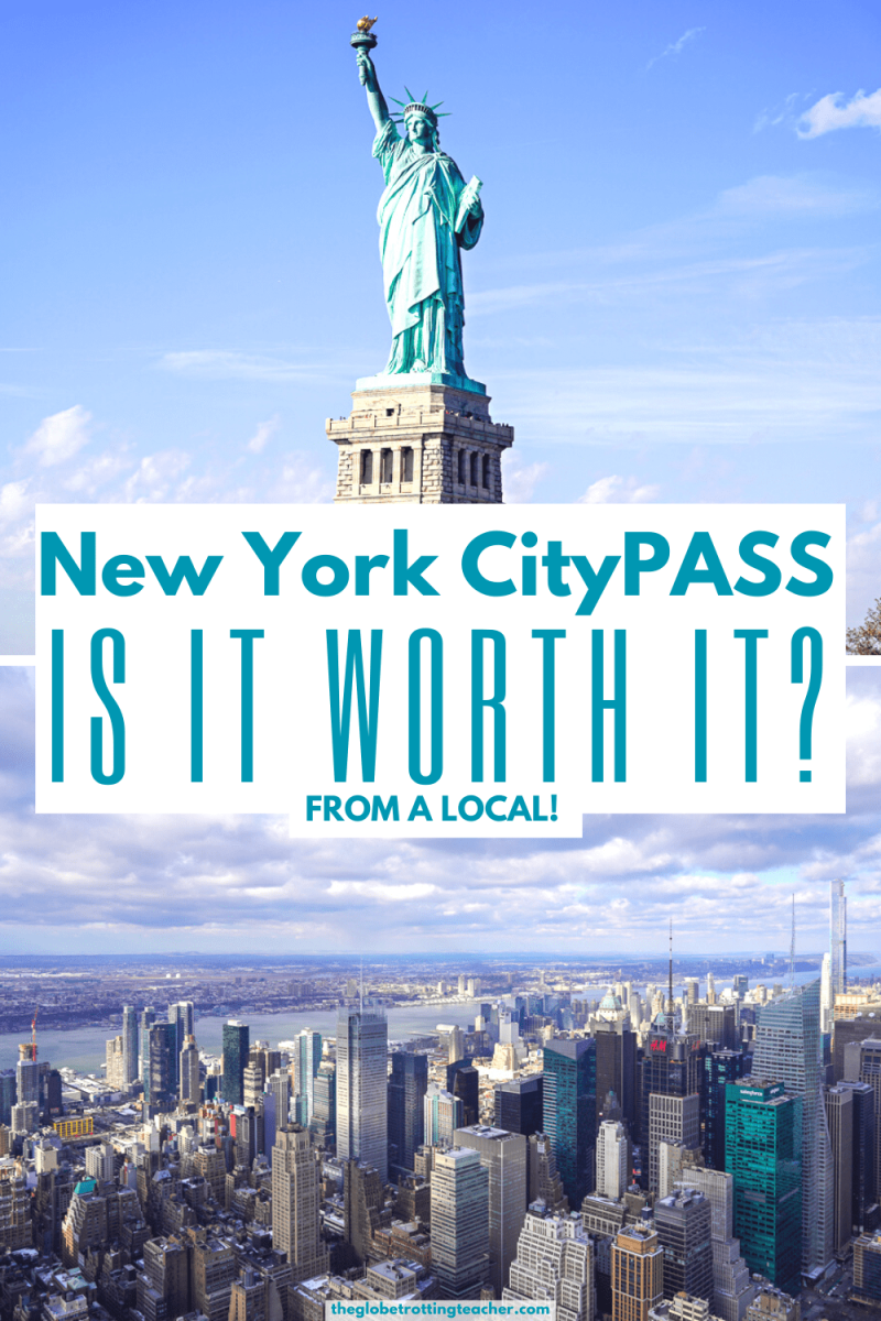 New York CityPASS pinterest pin with a photo of the statue of liberty on top and the NYC skyline on the bottom