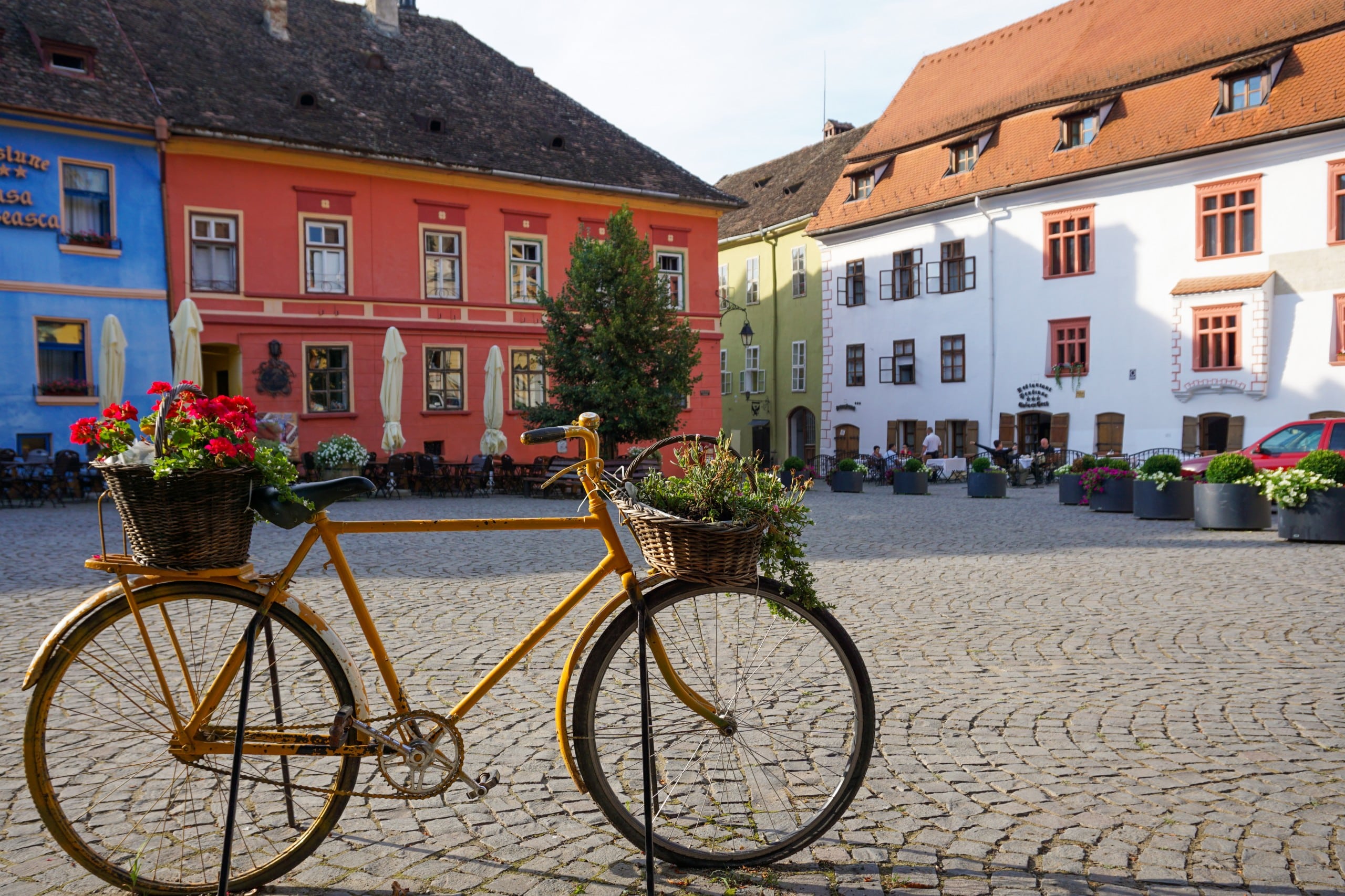 A colorful square in Sighisoara Romania