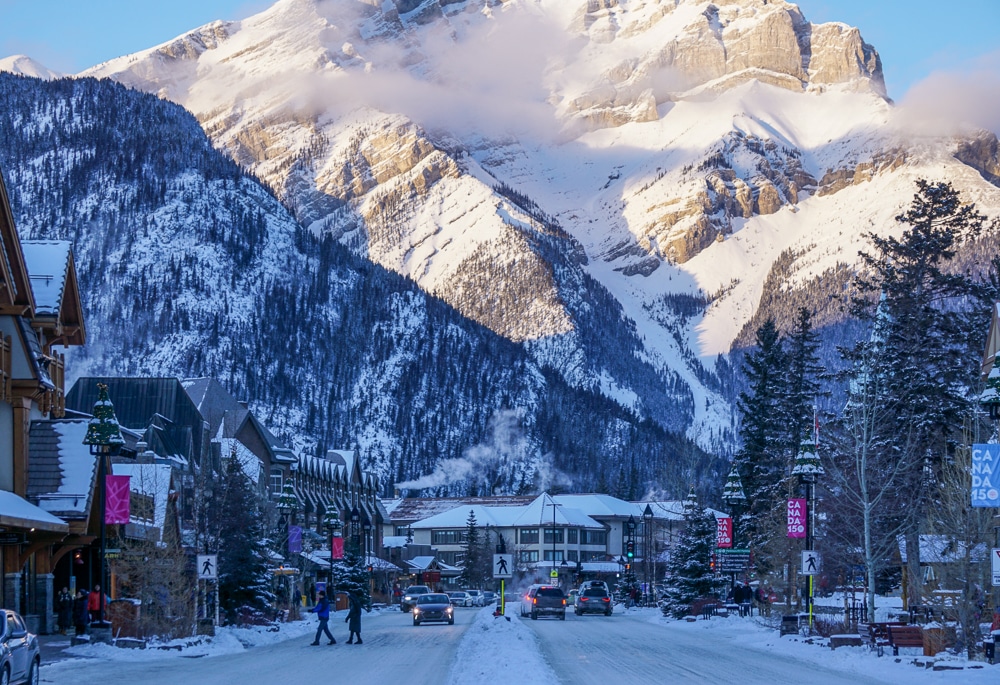 downtown Banff in the Canadian Rockies in winter
