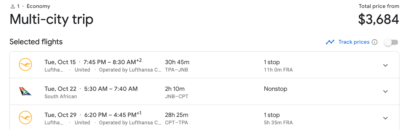 South Africa flight cost
