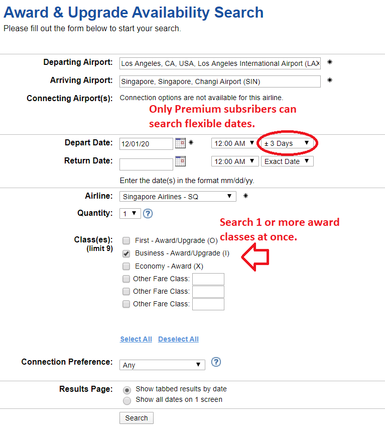 ExpertFlyer Award Search
