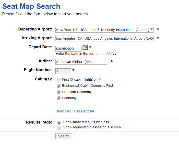 ExpertFlyer Seat Map Search