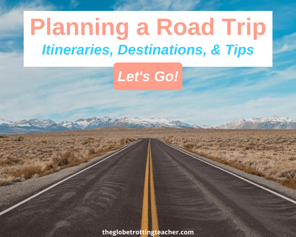 Open road with mountains in the distance and overlay text for planning a road trip