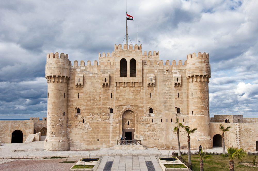 Egypt, Alexandria Historical View of Qaetbay Castle Under Cloudy Sky