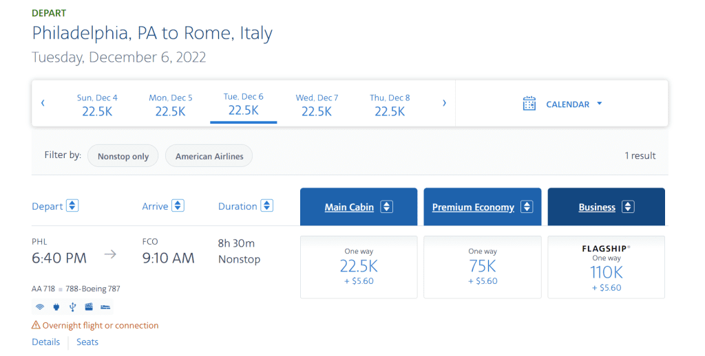 American Airlines Philadelphia to Rome Flight Screenshot