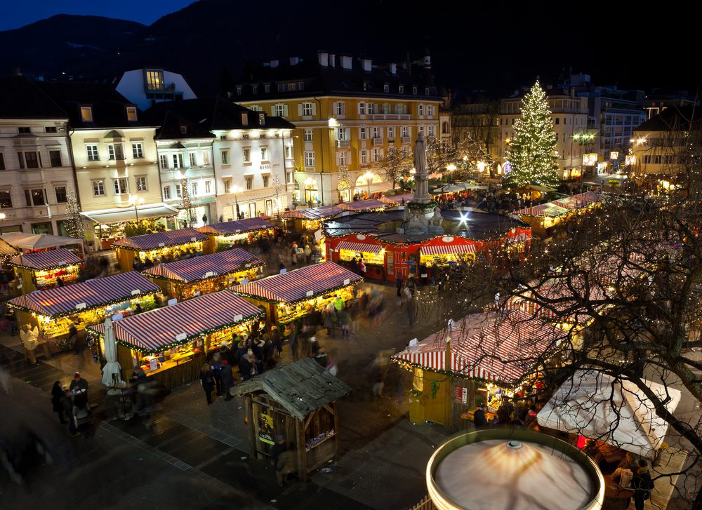 Christmas market in Bolzano with lights and decorations