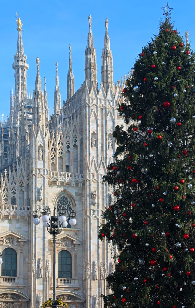 big Christmas tree in front of the cathedral of milan in italy