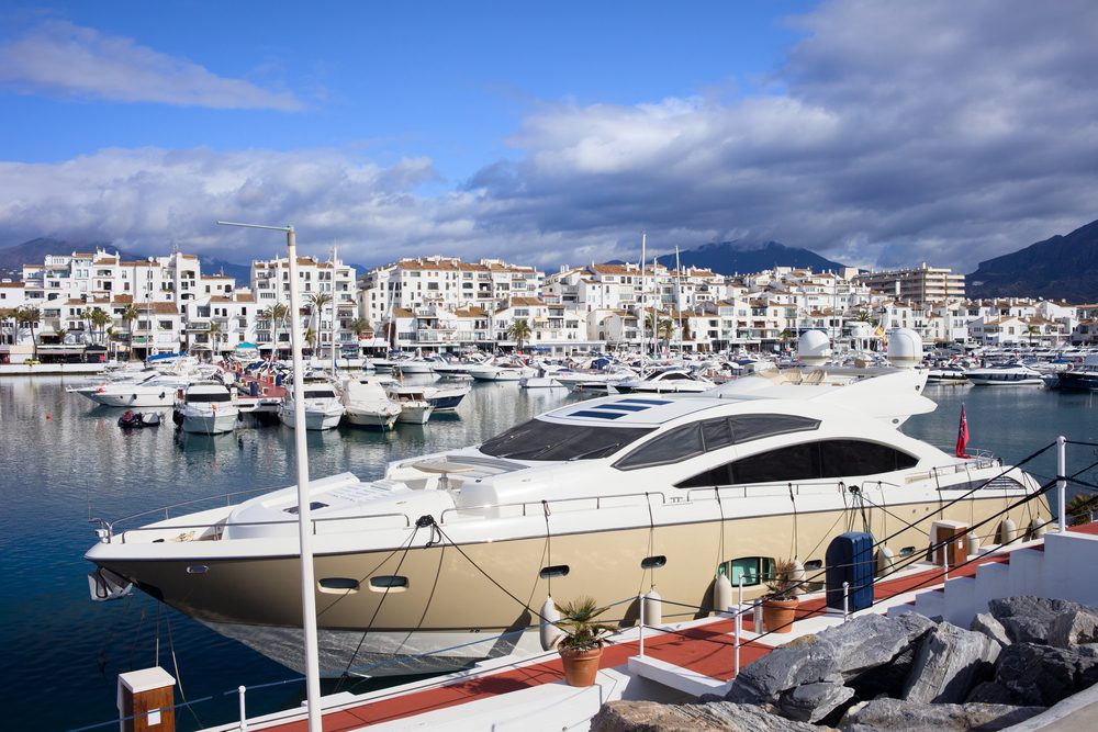 Luxury yachts at Puerto Banus marina on Costa del Sol, Marbella southern Andalucia, Spain.
