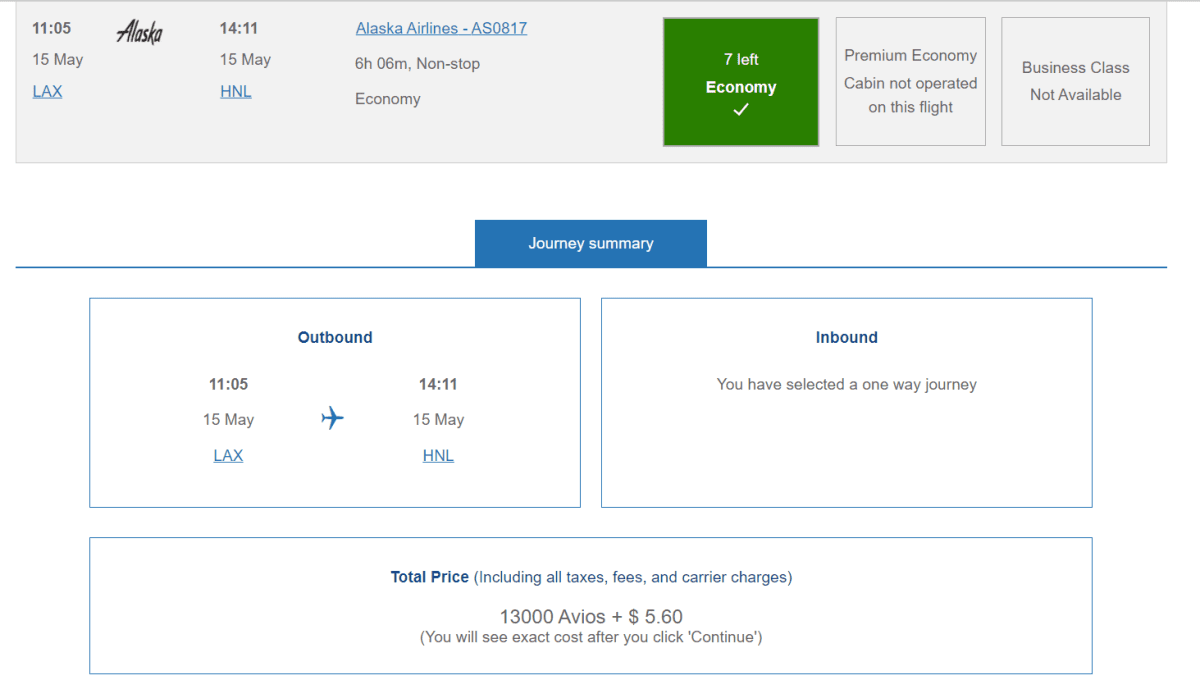 British Airways Alaska Airlines LAX-HNL Screenshot of an award booking