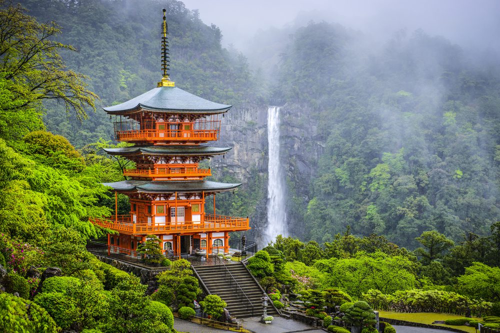 Nachi, Japan at Nachi Taisha Shrine Pagoda and waterfall.