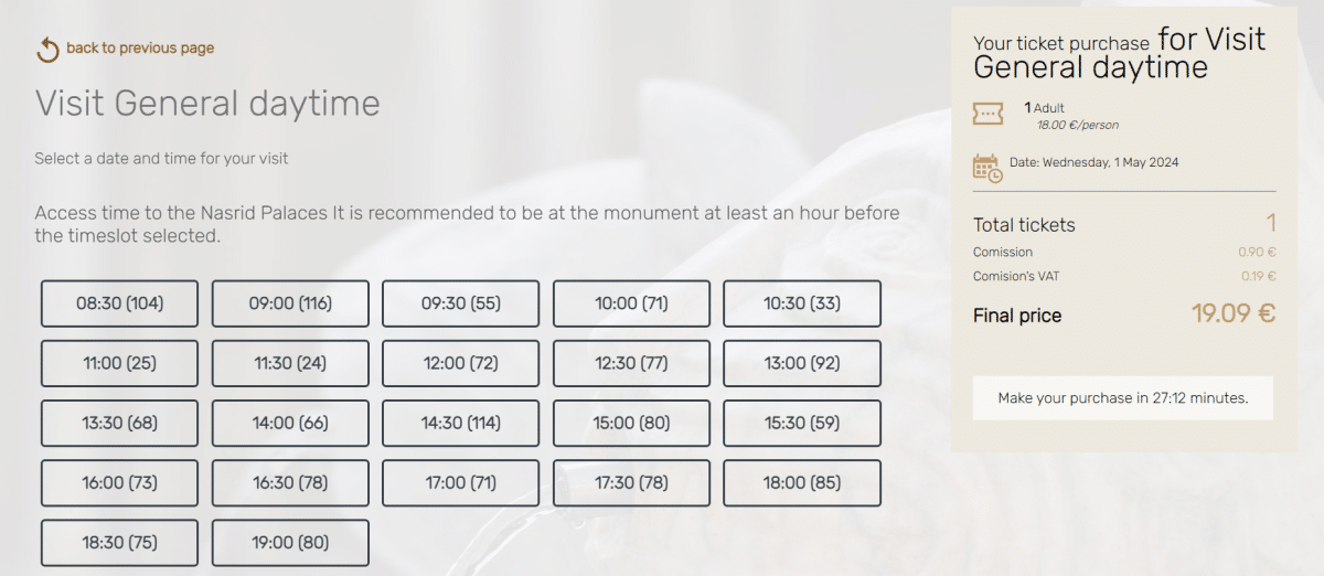 Screenshot of Alhambra ticket times - Granada Spain