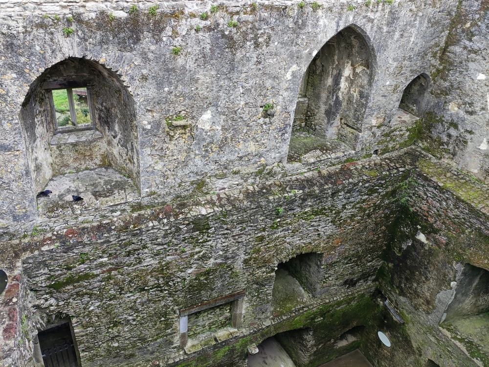 Blarney castle in Ireland, old ancient celtic fortress walls background