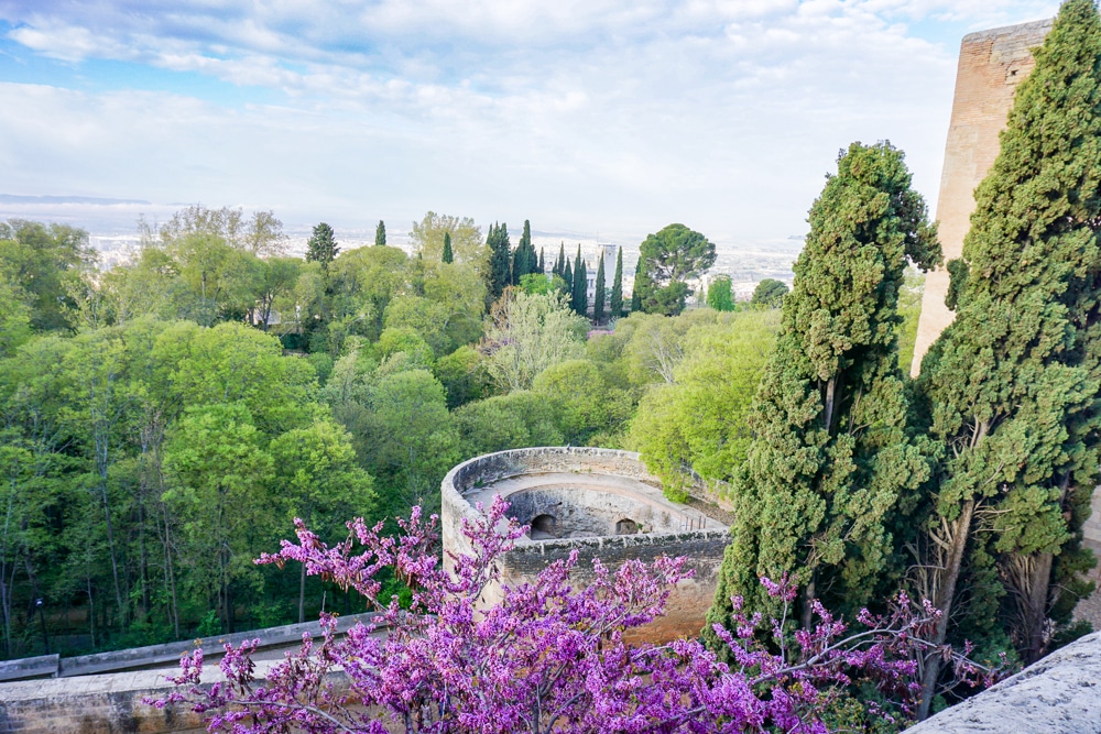 View overlooking the gardens at the Alhambra in Granada Spain