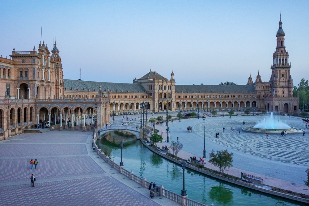 Plaza de Espana in Seville Spain at dusk
