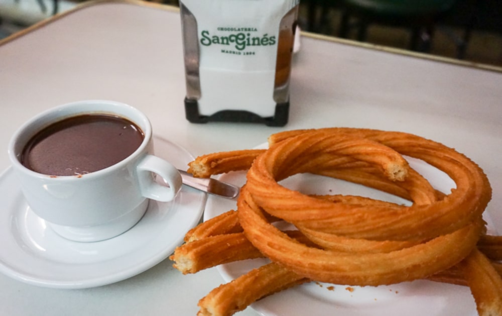 chocolate and churros at San Gines in Madrid Spain