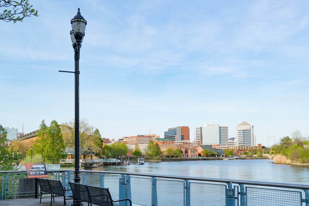 Wilmington Delaware skyline and waterfront along the Christina River