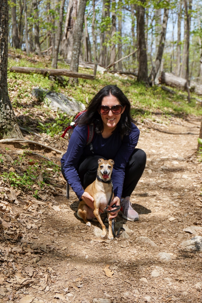 woman with a small dog on a hiking trail
