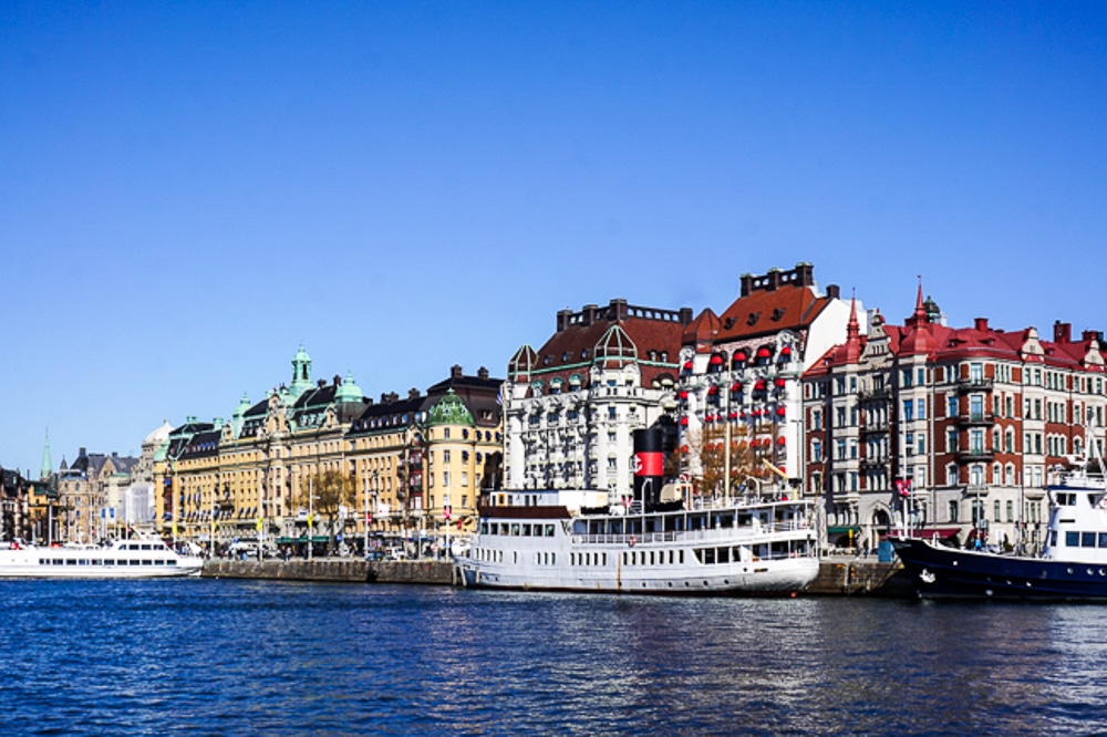 Stockholm Sweden view of the city harbor front from the water. Buildings and boats