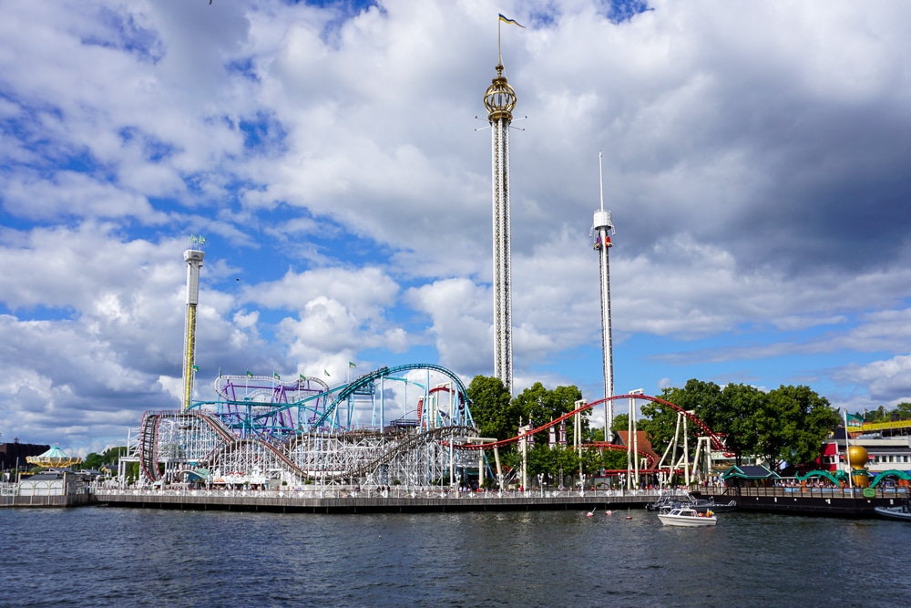 View of Grona Lund Amusement Park in Stockholm, rollercoasters and other rides