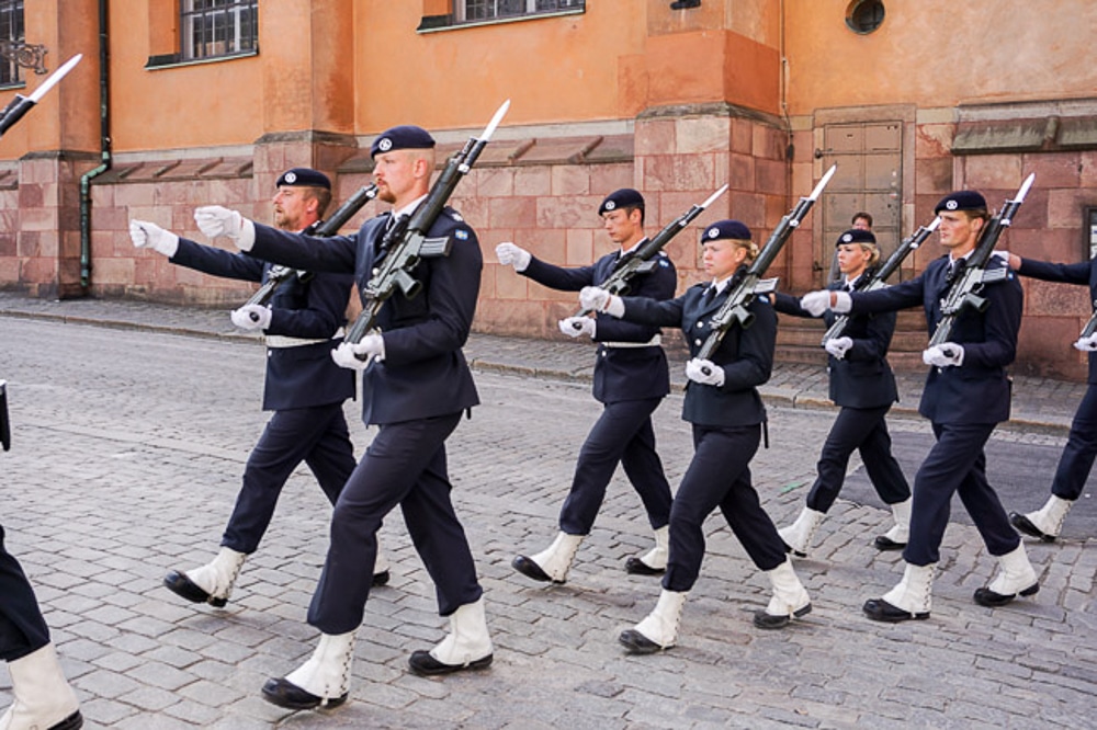 Royal Soldiers marching outside the royal palace in Stockholm