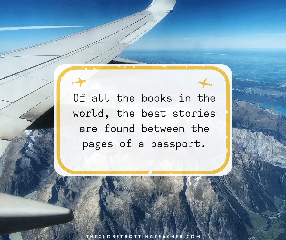 Travel quote about finding the best stories between the pages of a passport.