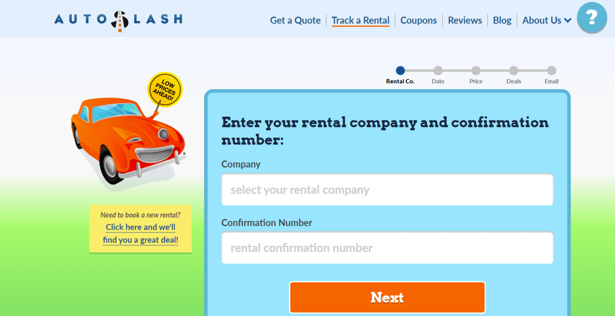 screenshot of the track a rental page on the Autoslash website