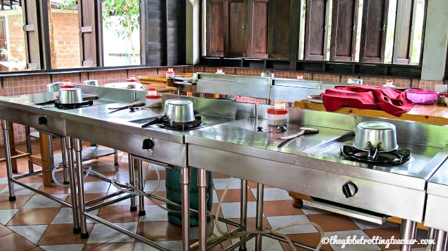 stainless steel cooking stations in a kitchen for a cooking class