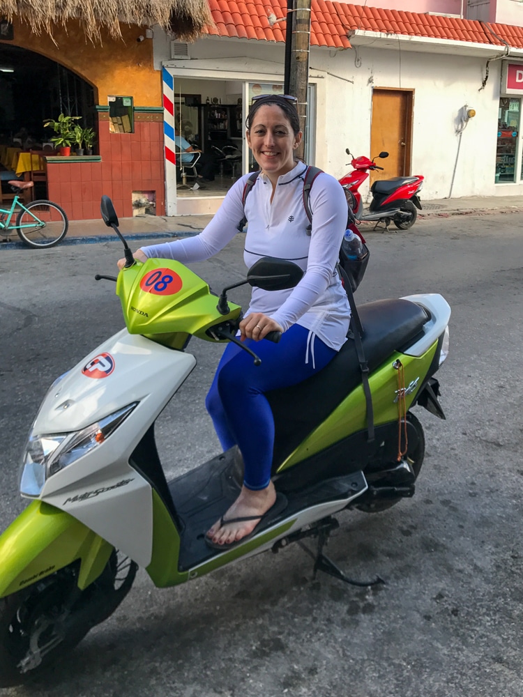 woman (me) on a motorbike in Cozumel Mexico