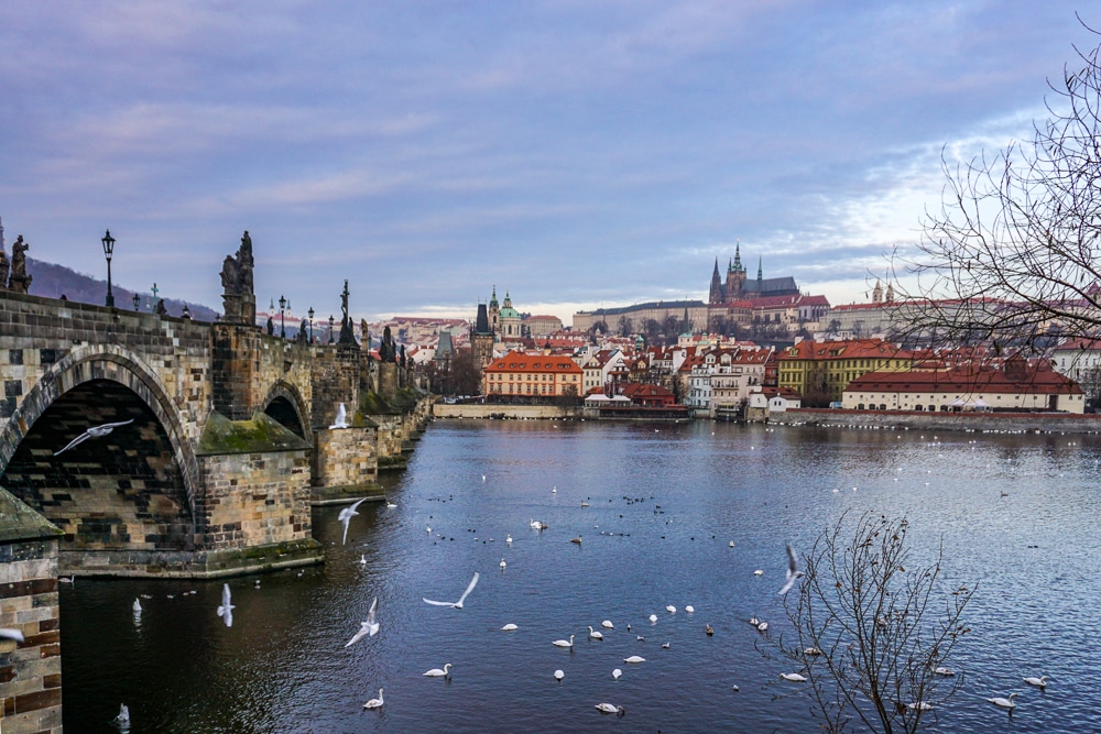 Prague Czech Republic - looking across the Vltava River with the Charles Bridge to the left and Prague Castle on the hill acorss the river