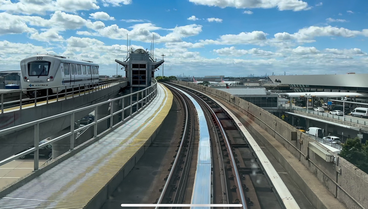 view from the front car of the airtrain at JFK airport in NYC