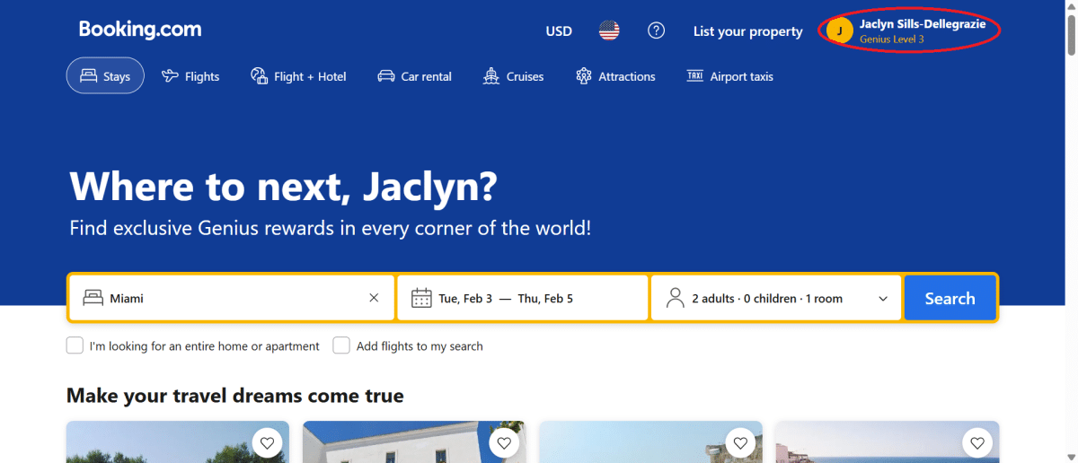 screenshot of Booking.com homepage showing logged in status