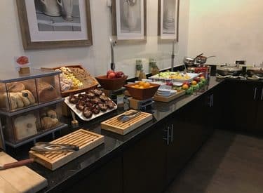Buffet of breakfast foods at a hotel