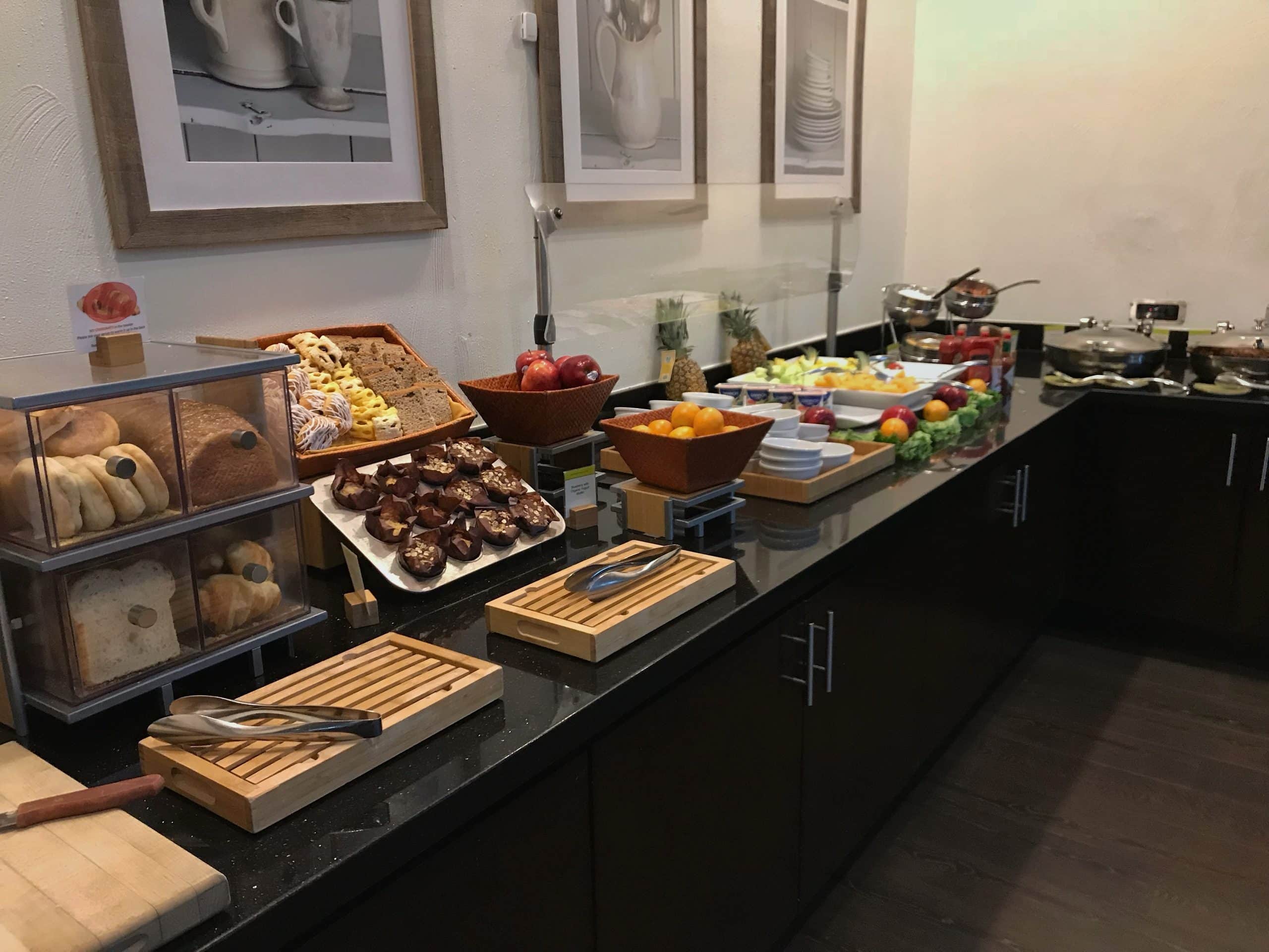 Buffet of breakfast foods at a hotel