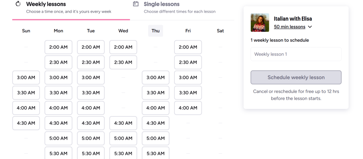 schedule of lesson timeslots on Preply