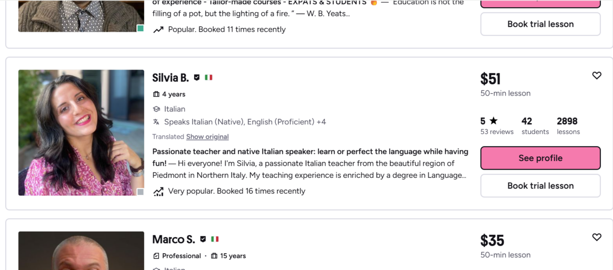 Choosing a tutor on Preply from a list of tutors